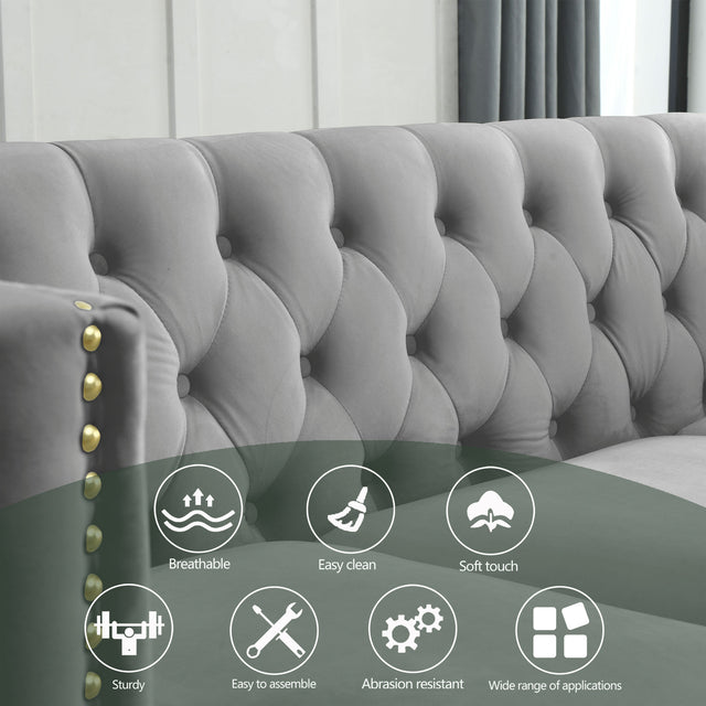 {Contact us for 3D modeling} Velvet Sofa for Living Room,Buttons Tufted Square Arm Couch, Modern Couch Upholstered Button and Metal Legs, Sofa Couch for Bedroom, Grey Velvet