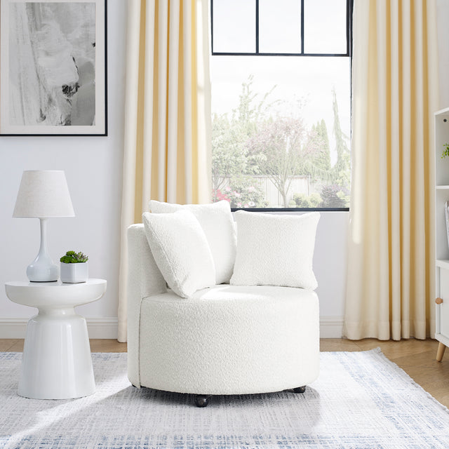 Loop Yarn Upholstered Accent Swivel Chair for Living Room Bedroom, with Movable wheels, Including 3 pillows, Beige
