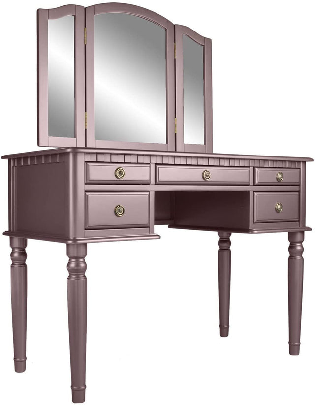 Bedroom Contemporary Vanity Set w Foldable Mirror Stool Drawers Rose Gold Color