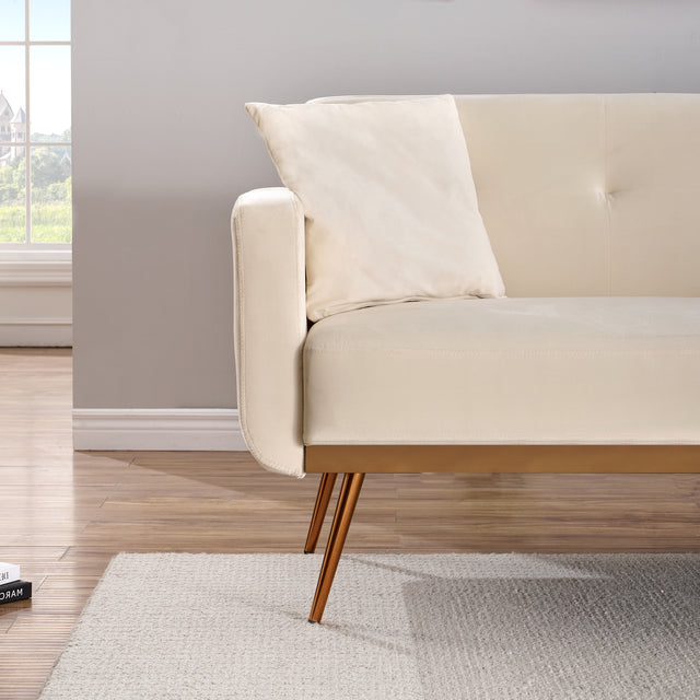 Modern beige velvet sand living room sofa with midfoot and two throw pillows