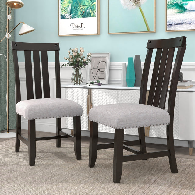TREXM Set of 2 Fabric Upholstered Dining Chairs with Sliver Nails and Solid Wood Legs (Espresso)