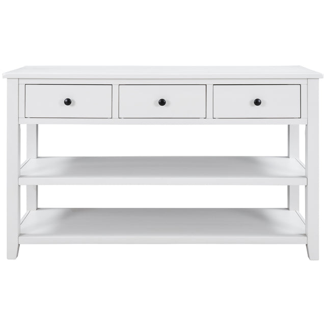 TREXM Retro Design Console Table with Two Open Shelves, Pine Solid Wood Frame and Legs for Living Room (Antique White)