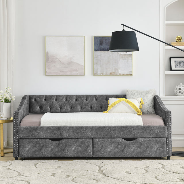 Twin Size Daybed with Drawers Upholstered Tufted Sofa Bed, with Button on Back and Copper Nail on Waved Shape Arms,Grey(81.5“x41”x30.5“)