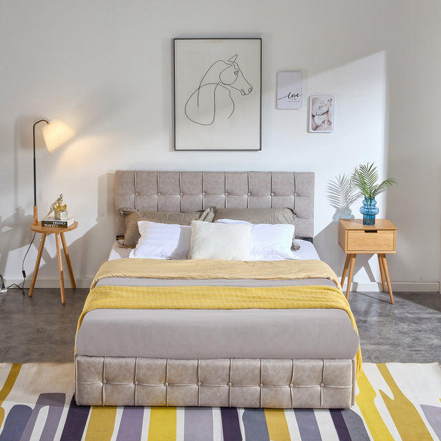 Upholstered Storage Bed Frame with 4 Drawers and Adjustable Headboard, Square Stitched Button Tech cloth, Platform Beds Frame with Wood Slat Support, No Box Spring Needed, Queen Size, Beige