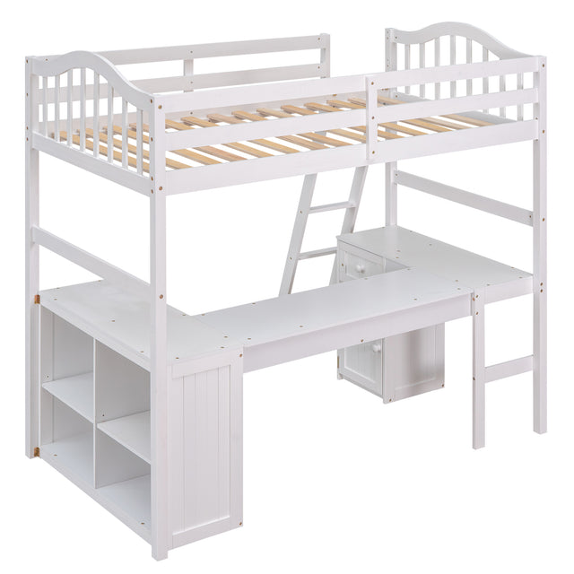 Twin size Loft Bed with Drawers, Cabinet, Shelves and Desk, Wooden Loft Bed with Desk - White(OLD SKU :LT000505AAK)