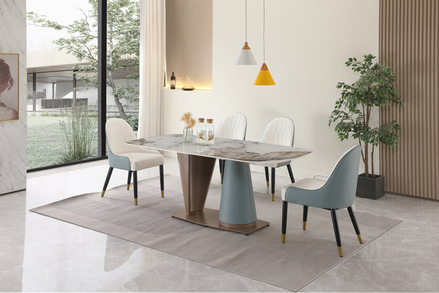 71" Pandora color sintered stone dining table with cone shape Pedestal Base in champagne and blue color