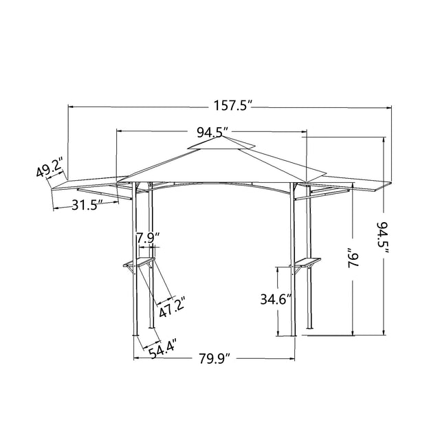TOPMAX 13Ft.Lx4.5Ft.W Iron Double Tiered Backyard Patio BBQ Grill Gazebo with Bar Counters&Extendable Shades, White