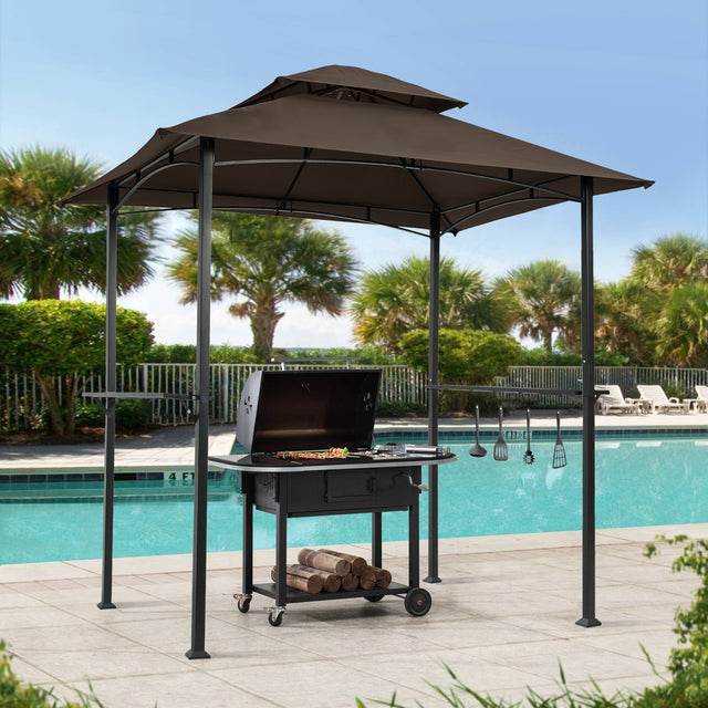 Outdoor Grill Gazebo 8 x 5 Ft, Shelter Tent, Double Tier Soft Top Canopy and Steel Frame with hook and Bar Counters, -Brown