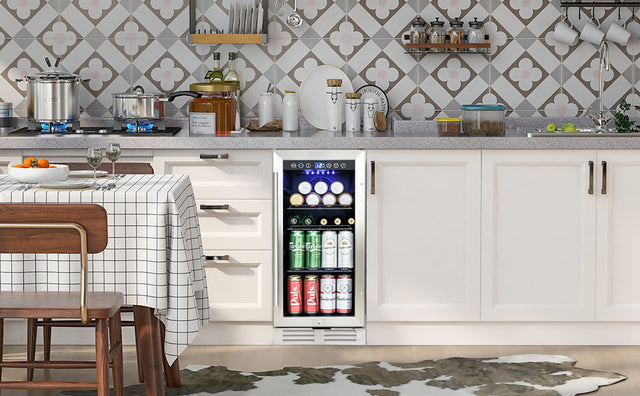 Built-in and Freestanding 15" Mini Beverage Refrigerator/Wine Cabinet, 120 Cans, 34-65°F, Quiet, Adjustable Shelves, LED Lighting, ETL , Touch Controls, Defrost, Double Glass Door, Kitchen/Bar /office