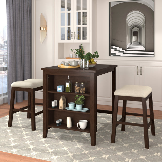 TOPMAX 3 Piece Dining Table with Padded Stools, Table Set with Storage Shelf,Brown
