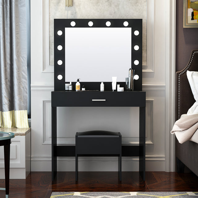 Modern Design Bedroom Makeup Dressing Table with Light and Stool,Black