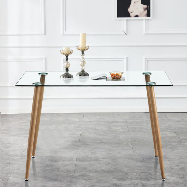 Modern Minimalist Rectangular Glass Dining Table for 4-6 with 0.31" Tempered Glass Tabletop and Wood color Coating Metal Legs, Writing Table Desk, for Kitchen Dining Living Room, 47" W x 31"D x 30" H