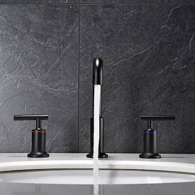 Matt Black Widespread Bathroom Sink Faucet with With CUPC Water Supply Hose and Cartridge