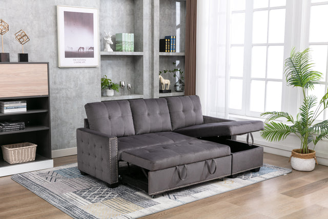 77 Inch Reversible Sectional Storage Sleeper Sofa Bed , L-Shape 2 Seat Sectional Chaise With Storage , Skin-Feeling Velvet Fabric ,Dark Grey Color For Living Room Furniture