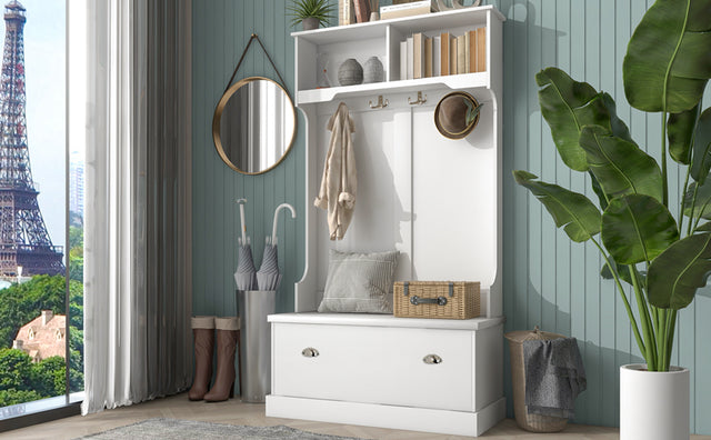 ON-TREND Hall Tree with 4 Hooks, Coat Hanger, Entryway Bench, Storage Bench, 3-in-1 Design, for Livingroom, Hallway (white)