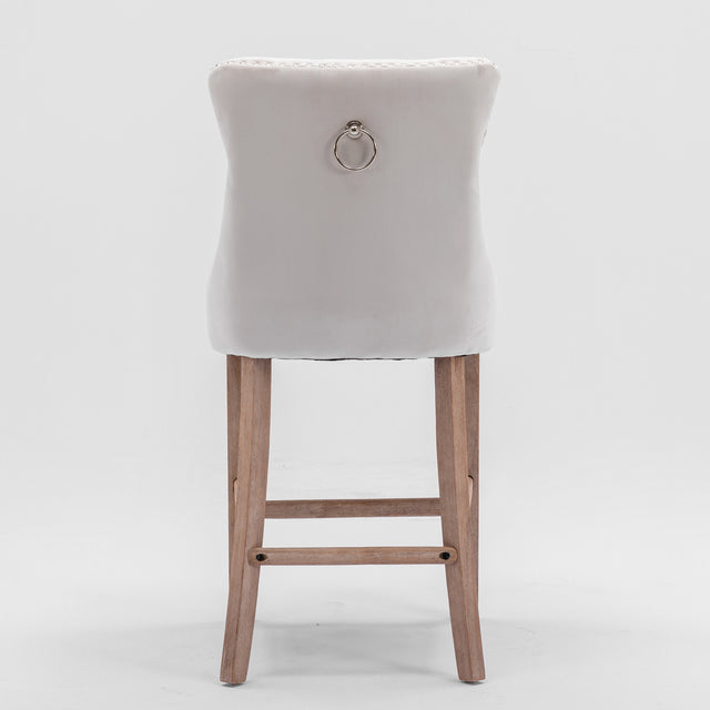 Contemporary Velvet Upholstered Barstools with Button Tufted Decoration and Wooden Legs, and Chrome Nailhead Trim, Leisure Style Bar Chairs,Bar stools, Set of 2 (Beige),SW1902BG