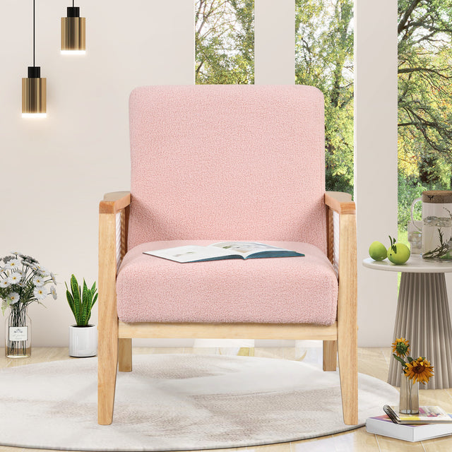 【EAT 3.10】Mid-Century Armchair Rattan Mesh Upholstered Accent Chair,Teddy Short Plush Particle Velvet Armchair for Living Room,Bedroom, Office, Studio,Pink