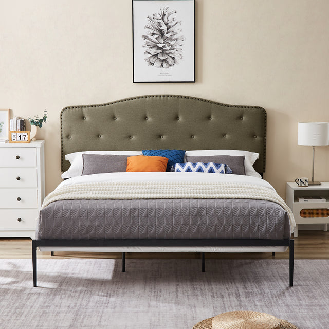 B113 King bed, Beautiful headboard with buttons Strong iron frame with high temperature paint