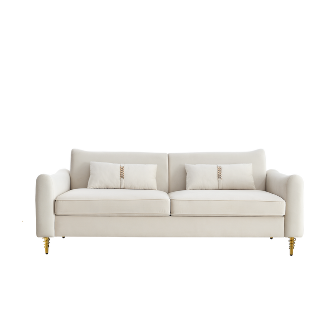 80.3" Modern Sofa Couch Upholstered Sofa Tufted Back Comfy Velvet Long Couch with 2 Pillows and Golden Legs for Living Room, Bedroom, Office, Apartment, Beige