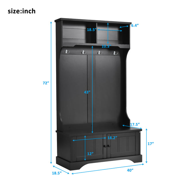 ON-TREND Hall Tree Entryway Bench with Shelves Cabinet and Four Hooks, 3-in-1 Design, Black