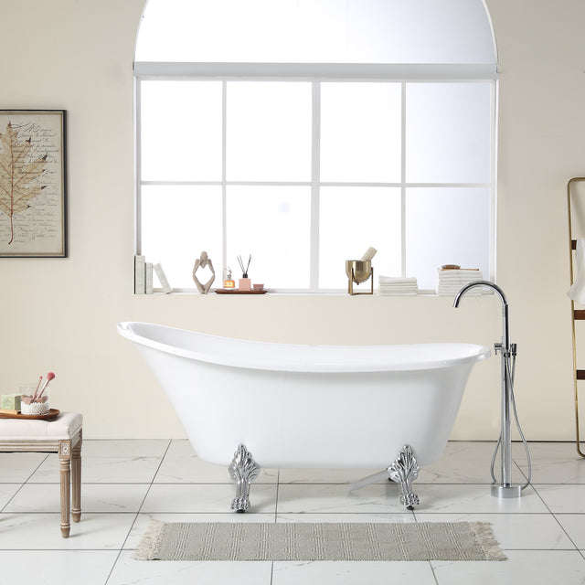67"L x 31.5\'\'W Acrylic Art Freestanding Alone White Soaking Bathtub with Brushed Nickel Overflow and Pop-up Drain
