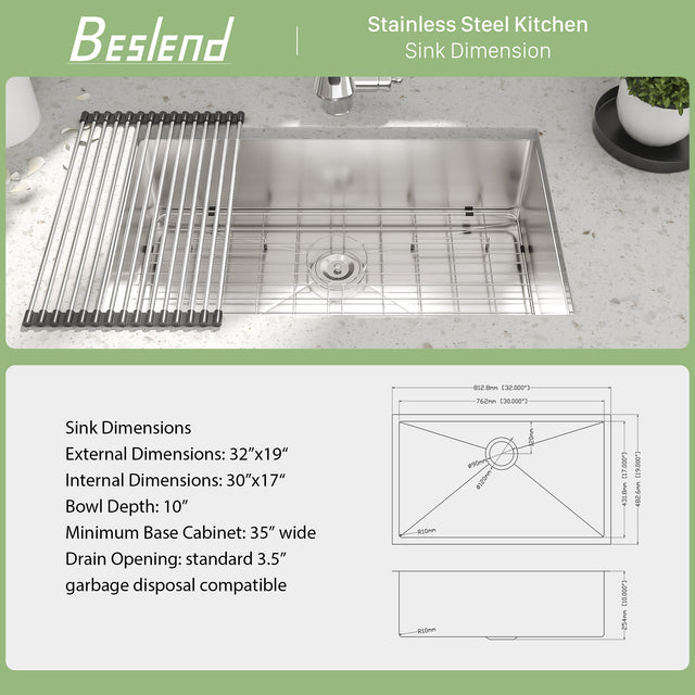 32 Inch Undermount Sink - 32”x19”x10” Undermount Stainless Steel Kitchen Sink 16 Gauge 10 Inch Deep Single Bowl Kitchen Sink Basin