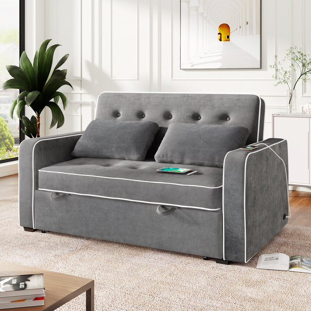 65.7" Linen Upholstered Sleeper , Pull Out Sofa Couch attached two throw pillows,Dual USB Charging Port and Adjustable Backrest for Living Room Space,Charcoal Gray