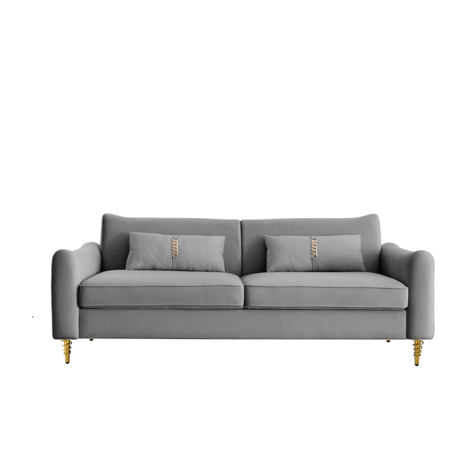 80.3" Modern Sofa Couch Upholstered Sofa Tufted Back Comfy Velvet Long Couch with 2 Pillows and Golden Legs for Living Room, Bedroom, Office, Apartment, Grey