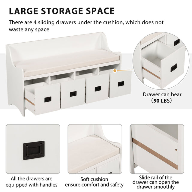 TREXM Movable Cushion Storage Bench with Drawers and Backrest for Entryway and Living Room(White)