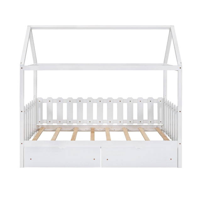 Twin Size House Bed with drawers, Fence-shaped Guardrail, White