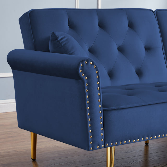 Modern Velvet Tufted Sofa Couch with 2 Pillows and Nailhead Trim, Loveseat Sofa Futon Sofa Bed with Metal Legs for Living Room.