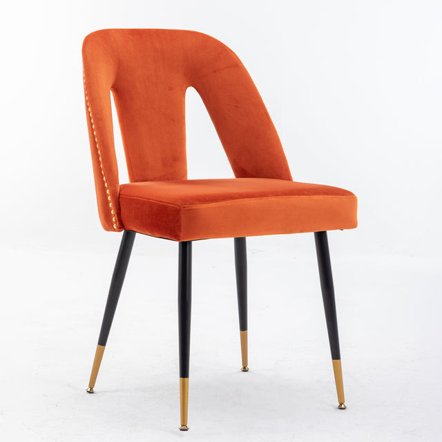 A&A Furniture,Akoya Collection Modern | Contemporary Velvet Upholstered Dining Chair with Nailheads and Gold Tipped Black Metal Legs, Orange,Set of 2