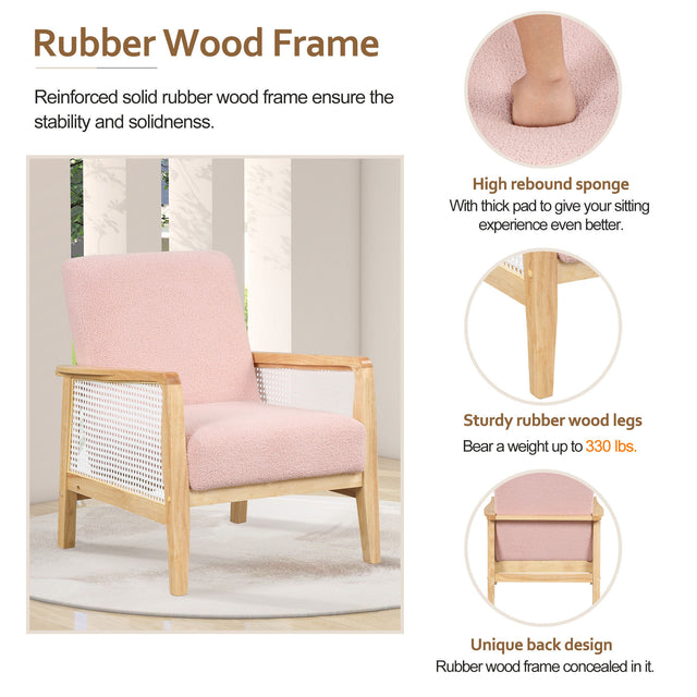 【EAT 3.10】Mid-Century Armchair Rattan Mesh Upholstered Accent Chair,Teddy Short Plush Particle Velvet Armchair for Living Room,Bedroom, Office, Studio,Pink