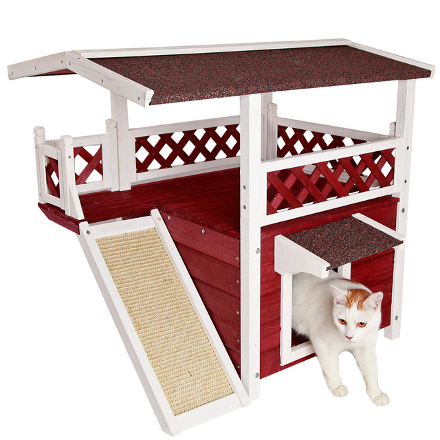 Cat House for Outdoor Cats Weatherproof with Scratching Pad and Escape Door