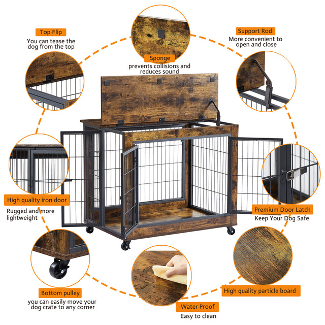 JHX Furniture Dog Cage Crate with Double Doors on Casters(Rustic Brown,31.50''W*22.05''D*24.8''H)