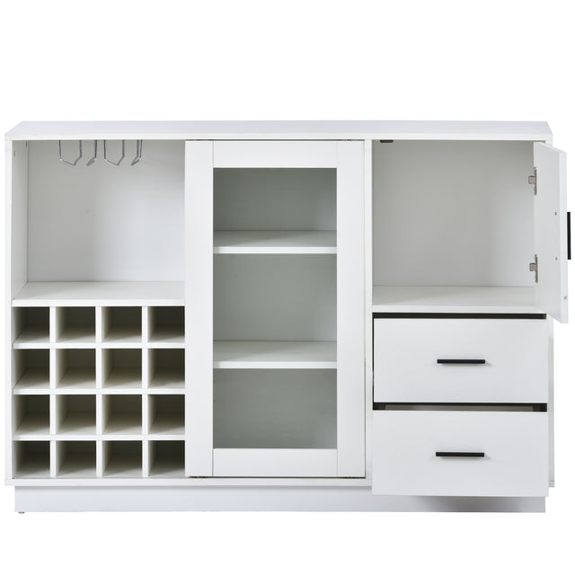 TREXM Kitchen Functional Sideboard with Glass Sliding Door and Integrated 16 Bar Wine Compartment, Wineglass Holders (White)