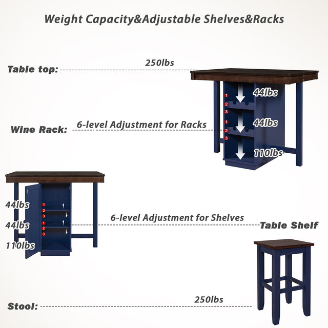 TOPMAX Farmhouse Counter Height Dining Table, Square Wood Table with 3-Tier Adjustable Storage Shelves and Wine Racks for Small Spaces, Brown and Blue