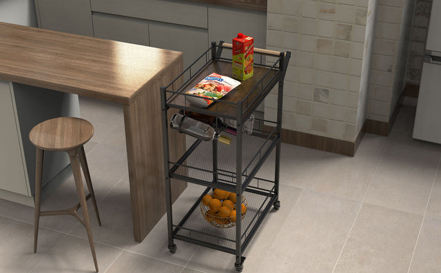 3 Tier Metal Mesh Rolling Storage Cart, Mesh Storage Pantry Cart with Lockable Wheels Wood Look Top and Metal Frame,Rolling Utility Cart for Kitchen Bathroom, Office, Library, Coffee Bar