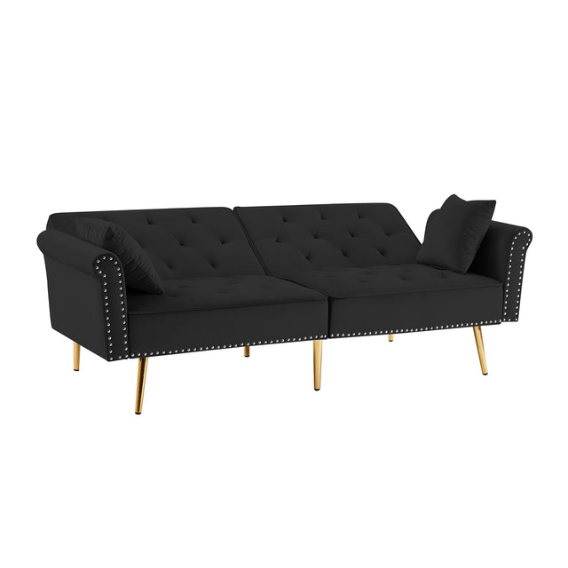 Modern Velvet Tufted Sofa Couch with 2 Pillows and Nailhead Trim, Loveseat Sofa Futon Sofa Bed with Metal Legs for Living Room.