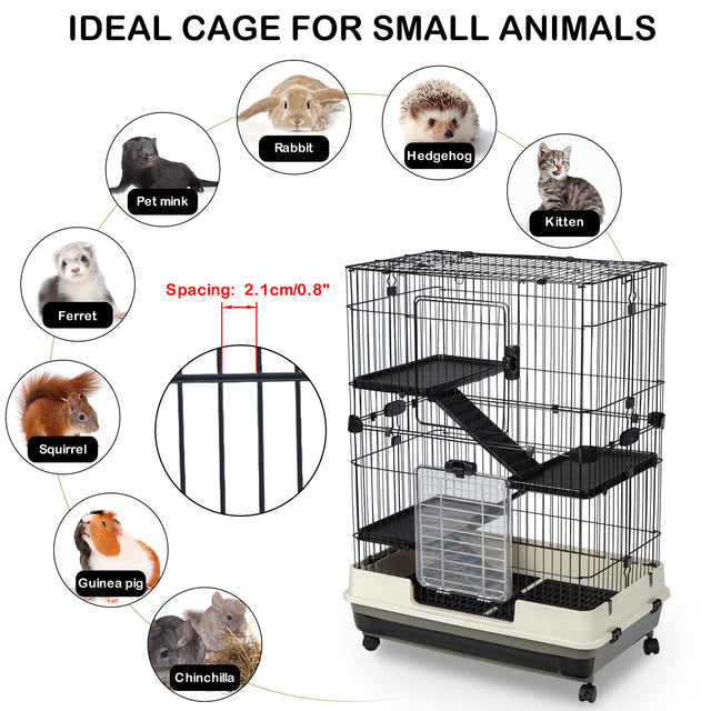 4-Tier 32"Small Animal Metal Cage Height Adjustable with Lockable Casters Grilles Pull-out Tray for Rabbit Chinchilla Ferret Bunny Guinea Pig Squirrel Hedgehog(BLACK)(=OLD SKU:W69133214)