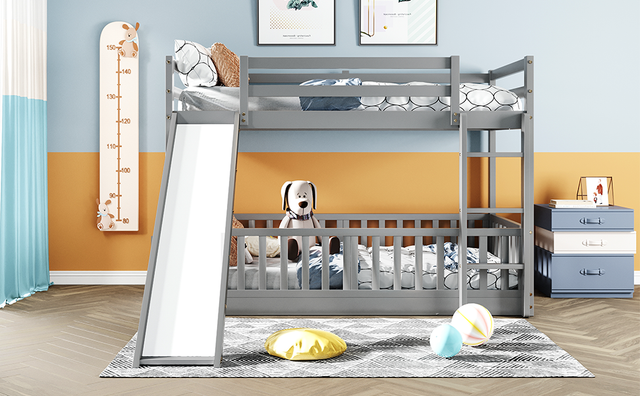 Twin Over Twin Bunk Bed with Slide and Ladder, Gray(Old SKU:LP000009AAE)