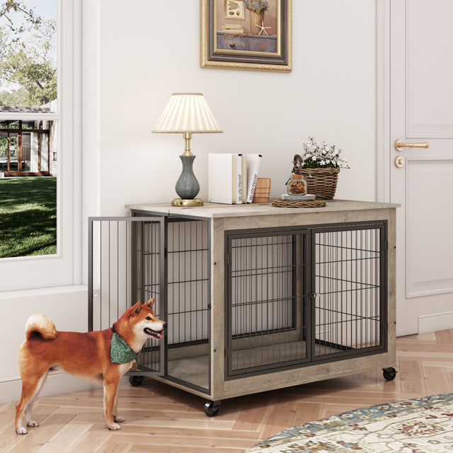 Furniture Style Dog Crate Side Table on Wheels with Double Doors and Lift Top.(Grey,38.58’’w x 25.5’’d x 27.36’’h)