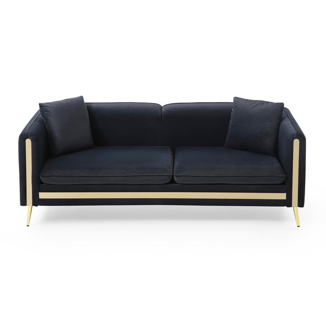 77.2” Modern Upholstered Velvet Sofa 3 Seater Couch with Removable Cushions Side Pocket Mid-Century Tufted Living Room Set Gold Metal Legs,2 Pillows Included,Black