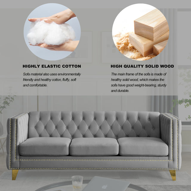 {Contact us for 3D modeling} Velvet Sofa for Living Room,Buttons Tufted Square Arm Couch, Modern Couch Upholstered Button and Metal Legs, Sofa Couch for Bedroom, Grey Velvet