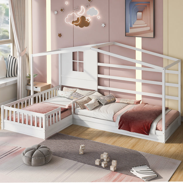 Wood House Bed Twin Size, 2 Twin Solid Bed L structure with fence and slatted frame (White)