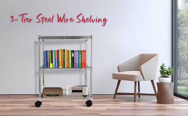 Simple Deluxe 3-Shelf Shelving with Wheels Steel Organizer 23"Wx13"Dx30"H Chrome