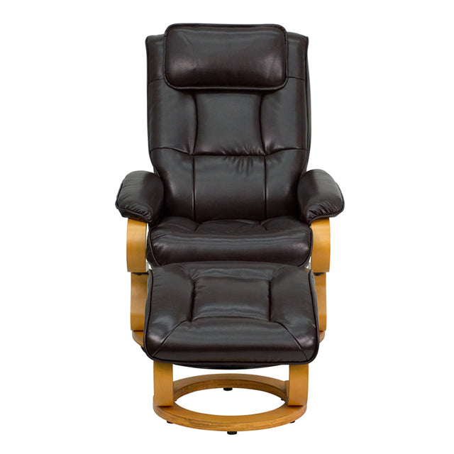 Contemporary Brown Leather Recliner and Ottoman with Swiveling Maple Wood Base