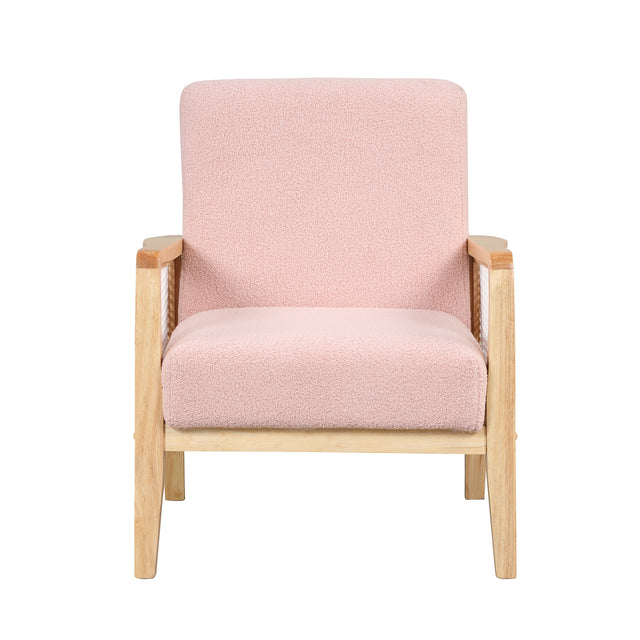 【EAT 3.10】Mid-Century Armchair Rattan Mesh Upholstered Accent Chair,Teddy Short Plush Particle Velvet Armchair for Living Room,Bedroom, Office, Studio,Pink