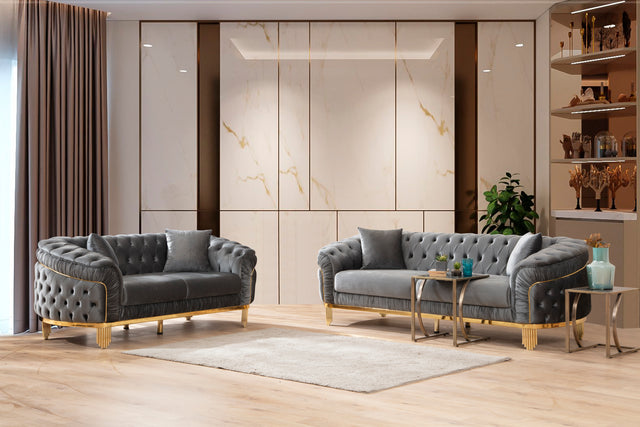 Vanessa Loveseat Livingroom Set in Grey and Gold with Fabric button-tufted velvet upholstery Finish