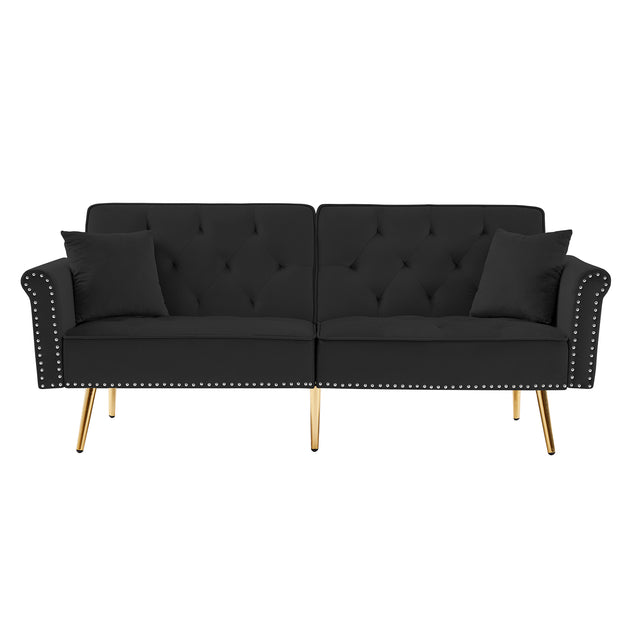 Modern Velvet Tufted Sofa Couch with 2 Pillows and Nailhead Trim, Loveseat Sofa Futon Sofa Bed with Metal Legs for Living Room.